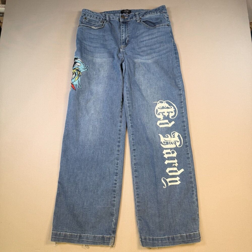 Ed Hardy Unisex Blue Embroidered Distressed Graphic Art Straight Eagle Jeans 32"